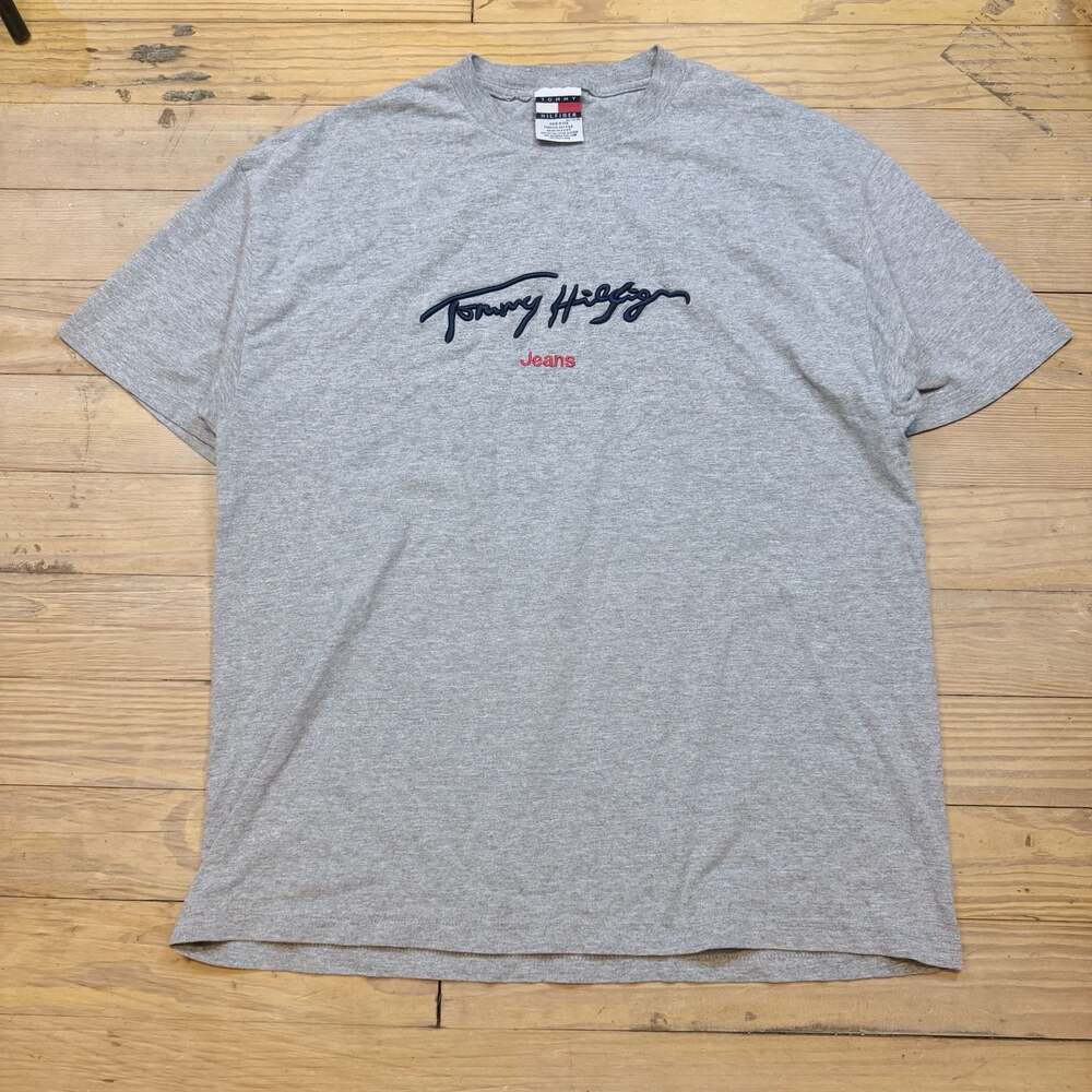 Vintage 90s Tommy Hilfiger Jeans Cursive Spellout T-Shirt Gray XL Made in USA